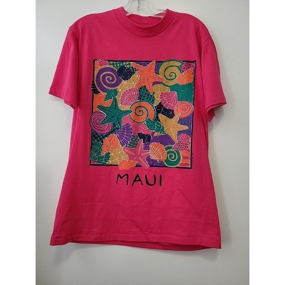 ONEITA Power-T Vintage Single Stich Maui Starfish Seashells Pink Medium - Picture 1 of 8